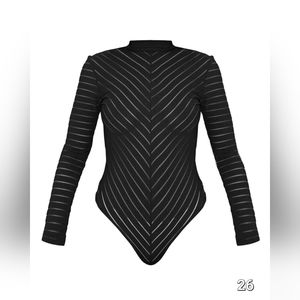 Black Chevron Mesh Long Sleeve ThongBodysuit
